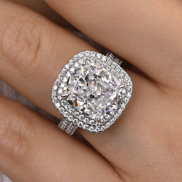 Louily Luxury Double Halo Three Shank Cushion Cut Engagement Ring