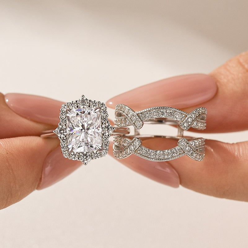 Moissanite 3.0Ct Radiant Cut White Gold Stack Wedding Ring with Enhancer Wedding Band