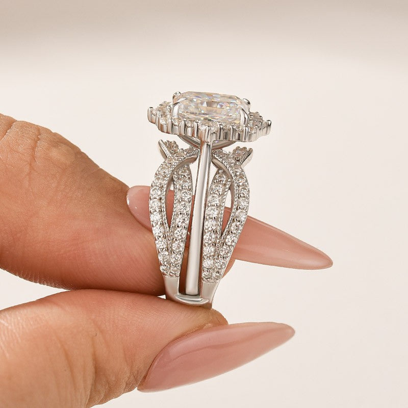 Moissanite 3.0Ct Radiant Cut White Gold Stack Wedding Ring with Enhancer Wedding Band