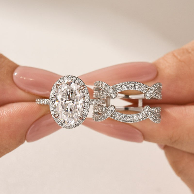 Moissanite 4.0Ct Halo Oval Cut White Gold Stack Wedding Ring with Enhancer Wedding Band