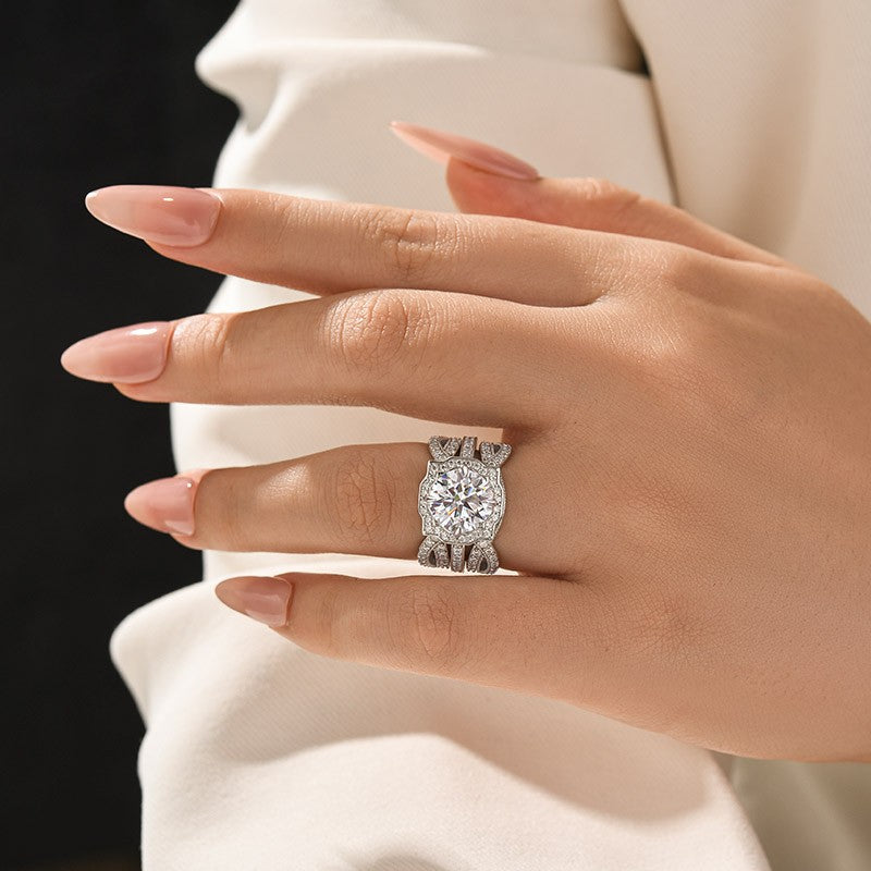 Moissanite 3.0Ct Halo Round Cut White Gold Stack Wedding Ring with Enhancer Wedding Band