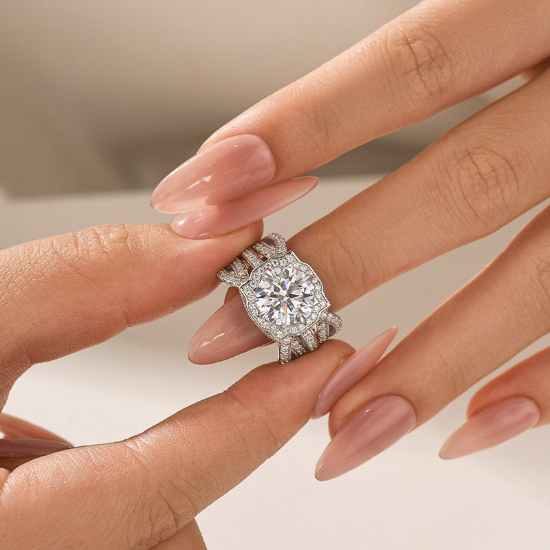 Moissanite 3.0Ct Halo Round Cut White Gold Stack Wedding Ring with Enhancer Wedding Band