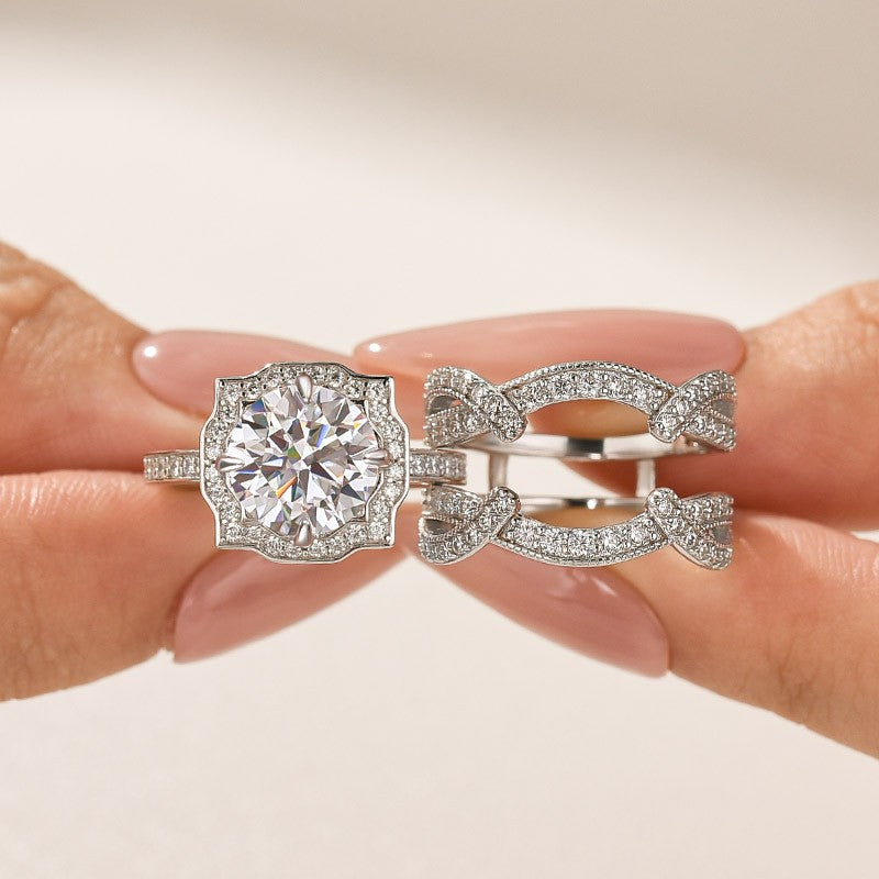 Moissanite 3.0Ct Halo Round Cut White Gold Stack Wedding Ring with Enhancer Wedding Band