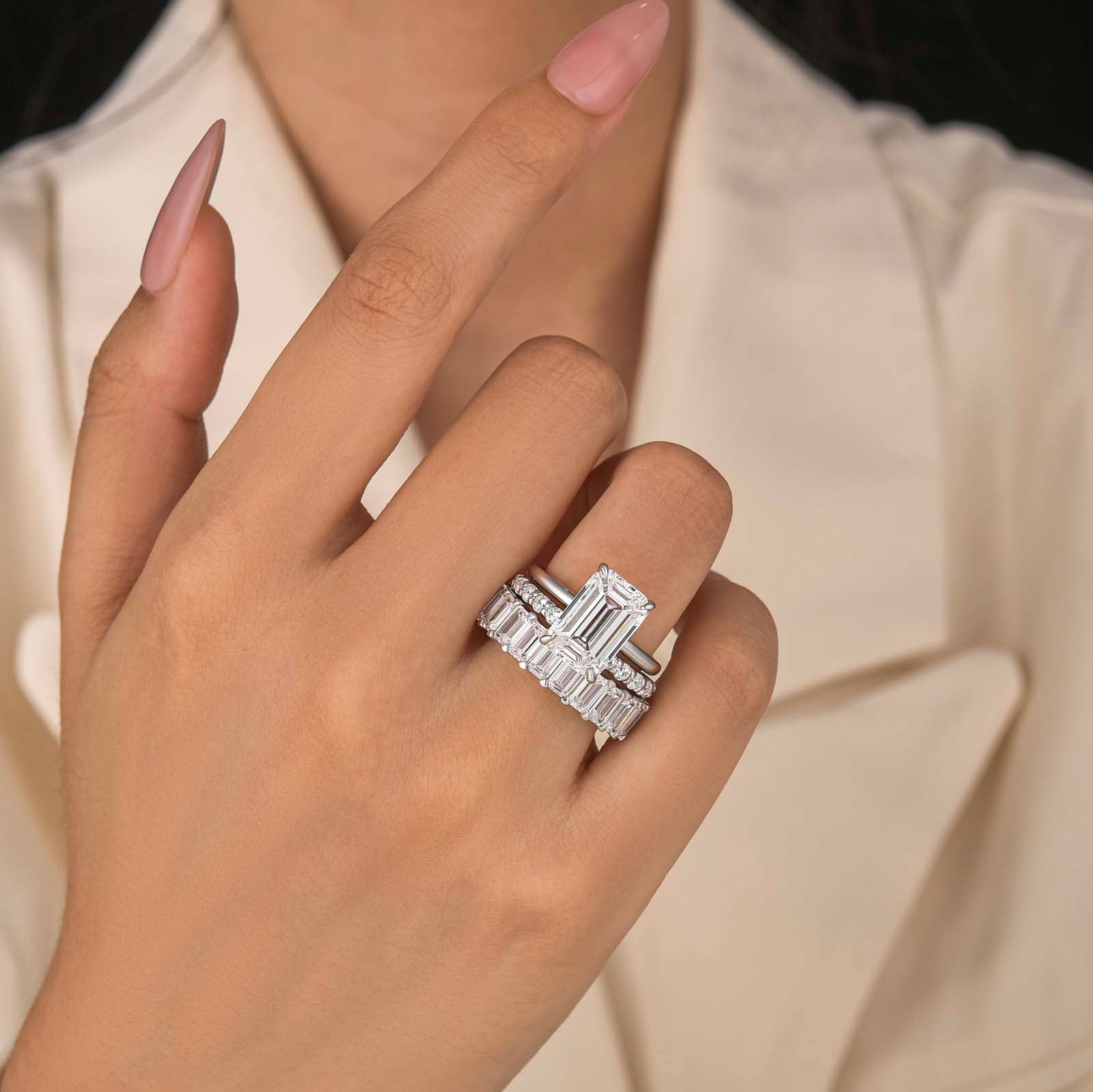 S925 3PC 5.0Ct Solitaire Emerald Ring With Eternity Emerald Cut& Open Wedding Band Stament Ring Sets