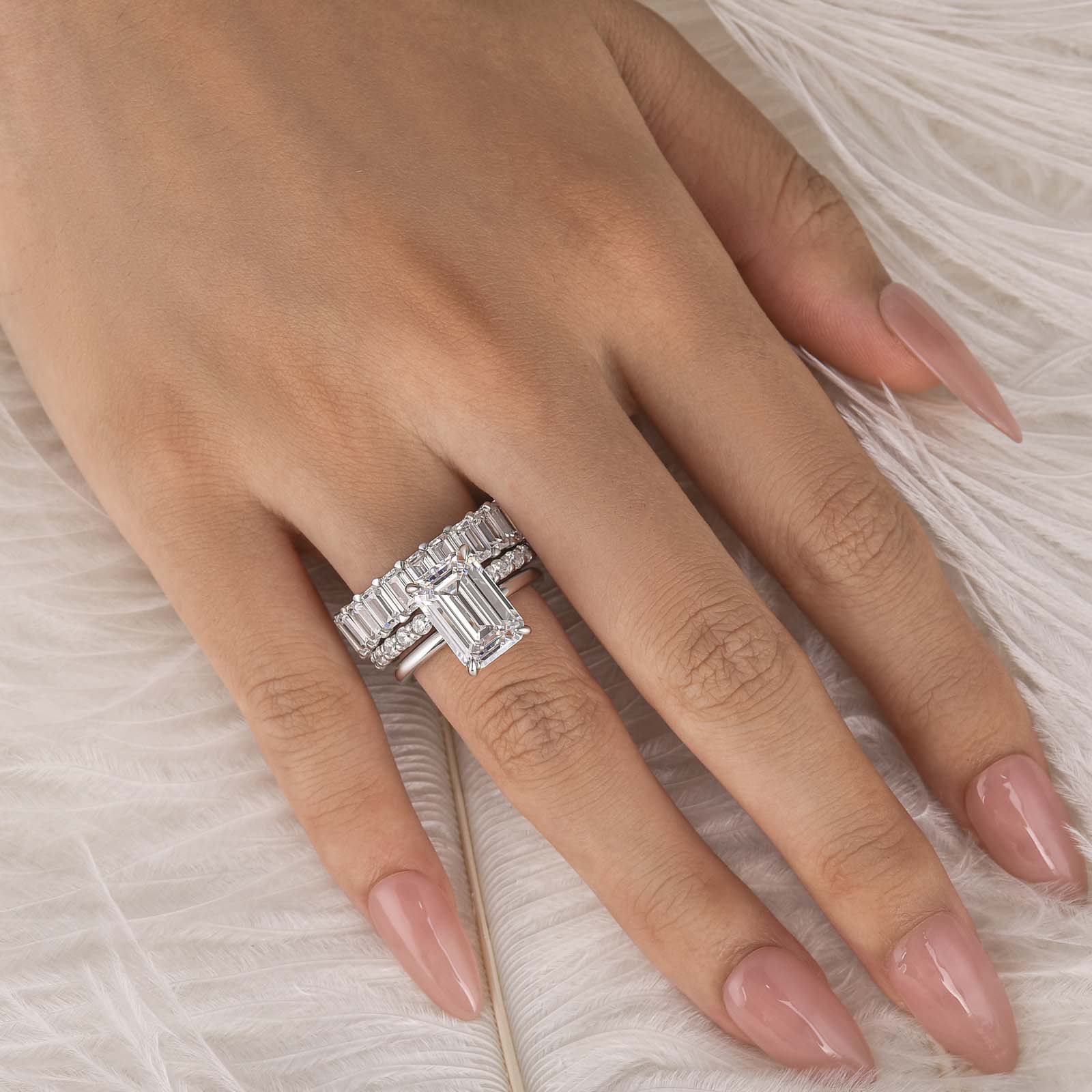 S925 3PC 5.0Ct Solitaire Emerald Ring With Eternity Emerald Cut& Open Wedding Band Stament Ring Sets