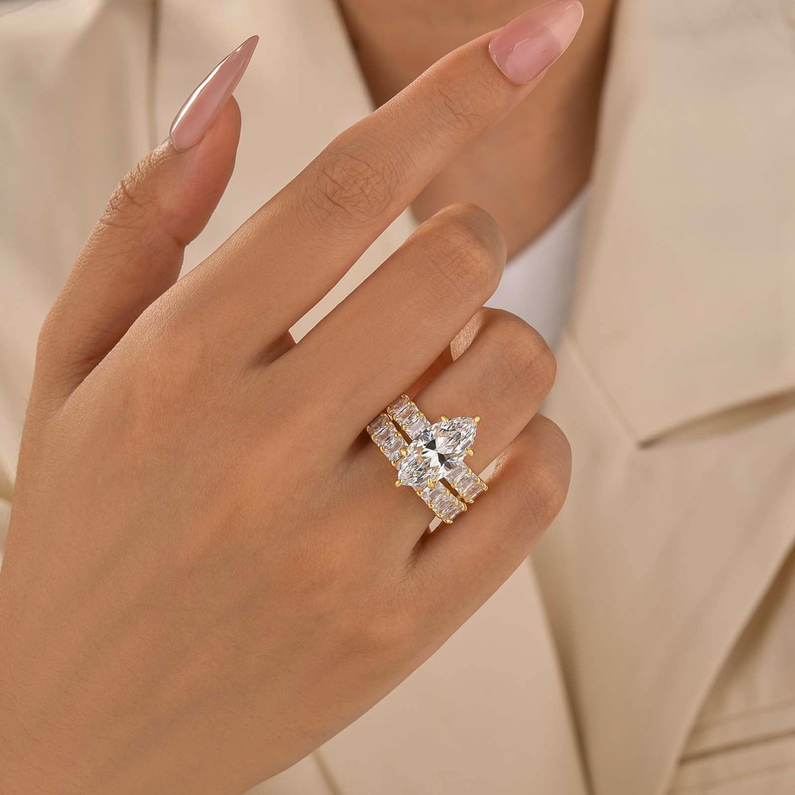 S925 2PC 4.0Ct Marquise Cut Engagement Ring with Radiant Cut Wedding Band