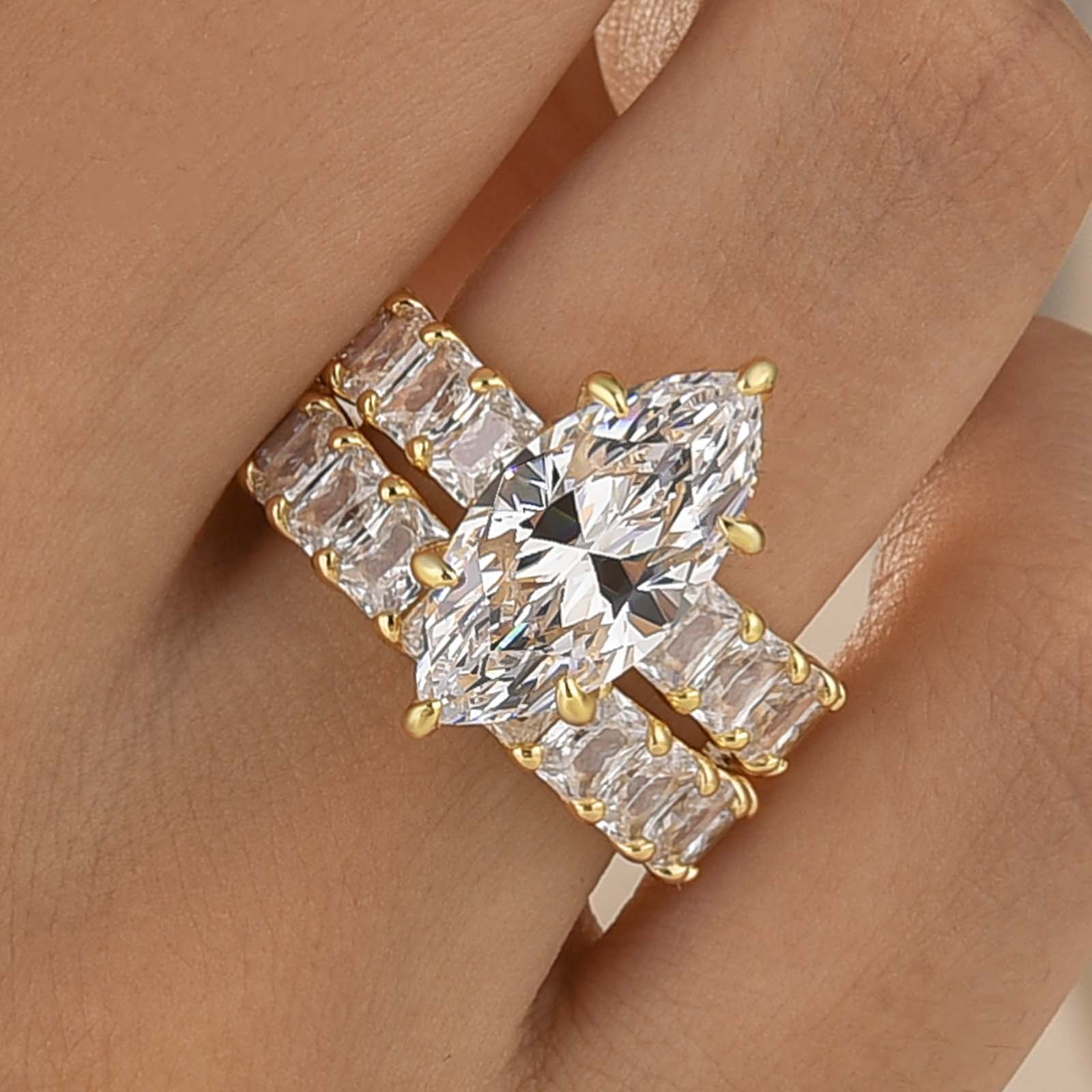 S925 2PC 4.0Ct Marquise Cut Engagement Ring with Radiant Cut Wedding Band