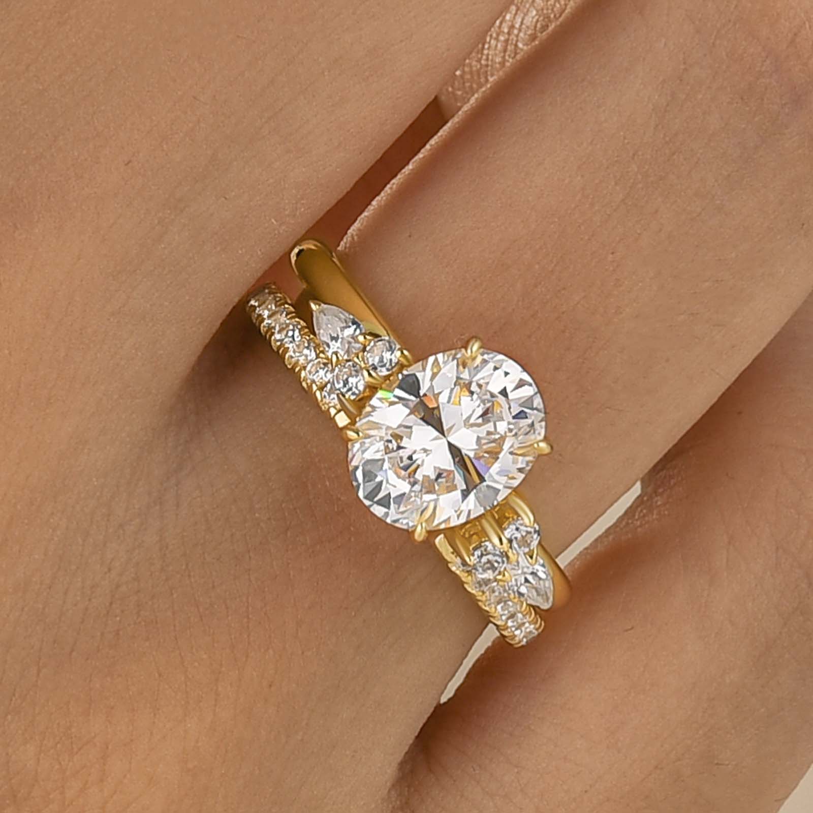 S925 2.0Ct Oval Cut Hidden Halo 2PC Stackable Enhancer Ring Sets in Sterling Silver