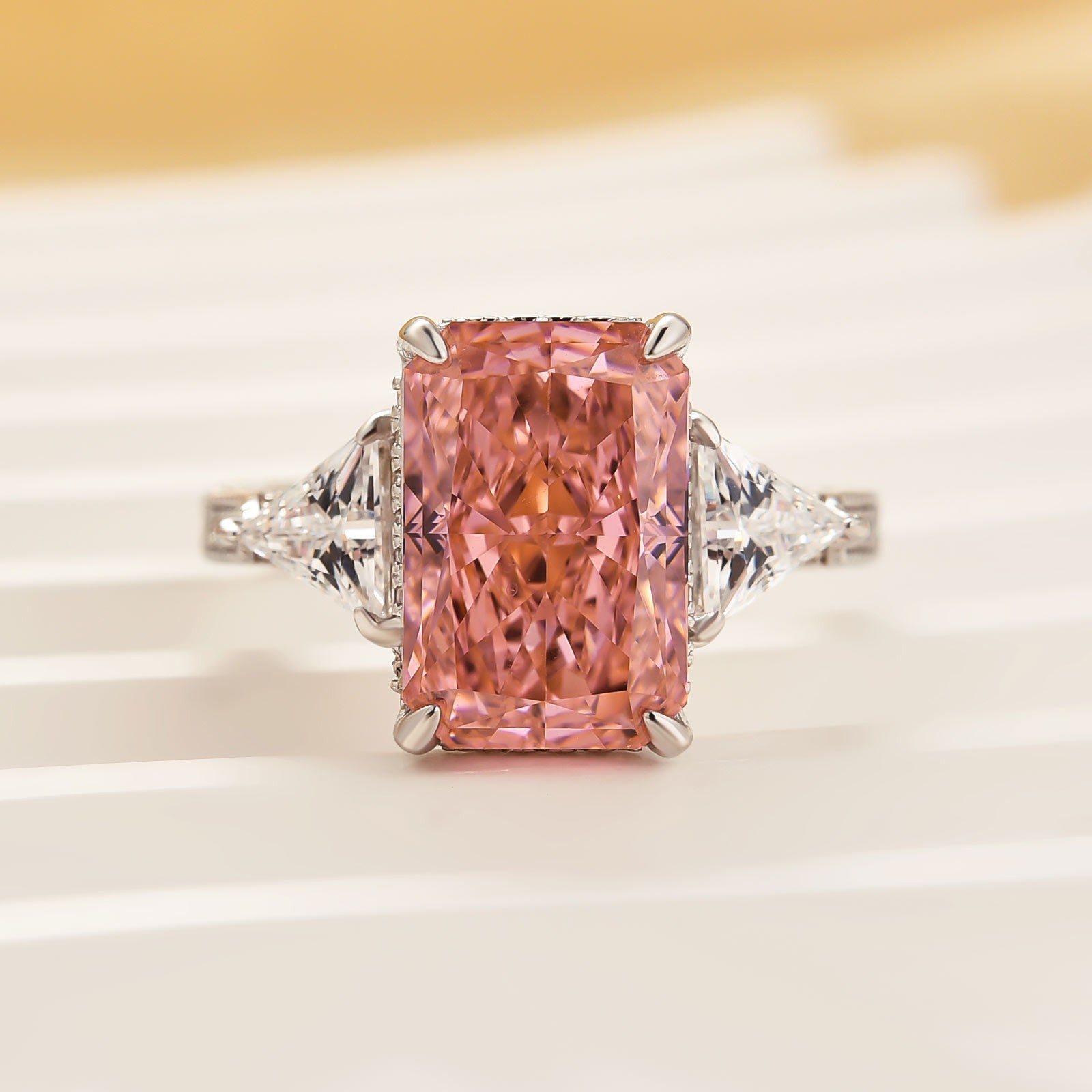 5.0 Carat Radiant Cut Three Stone Engagement Ring With Hidden Halo