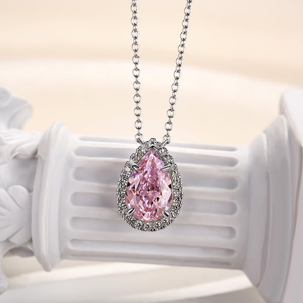 Louily Elegant Halo Pear Cut Pink Sapphire Pendant with Necklace In Sterling Silver
