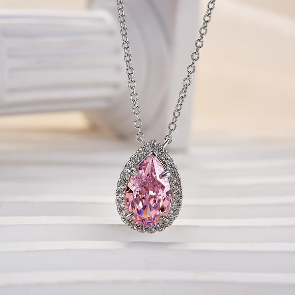 Louily Elegant Halo Pear Cut Pink Sapphire Pendant with Necklace In Sterling Silver