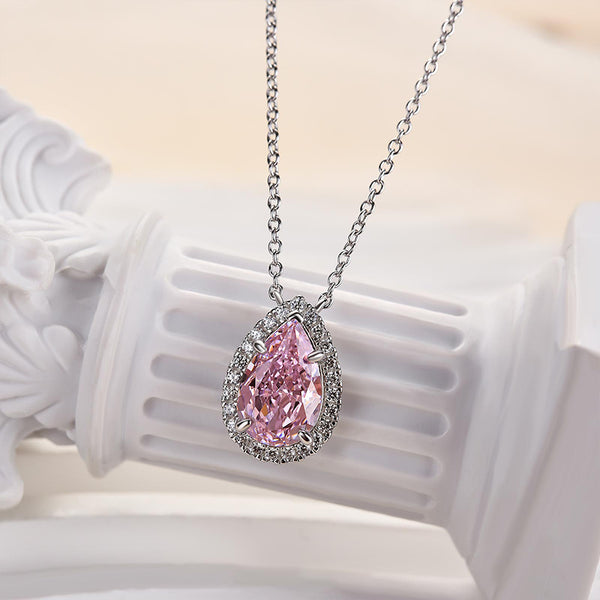 Louily Elegant Halo Pear Cut Pink Sapphire Pendant with Necklace In Sterling Silver