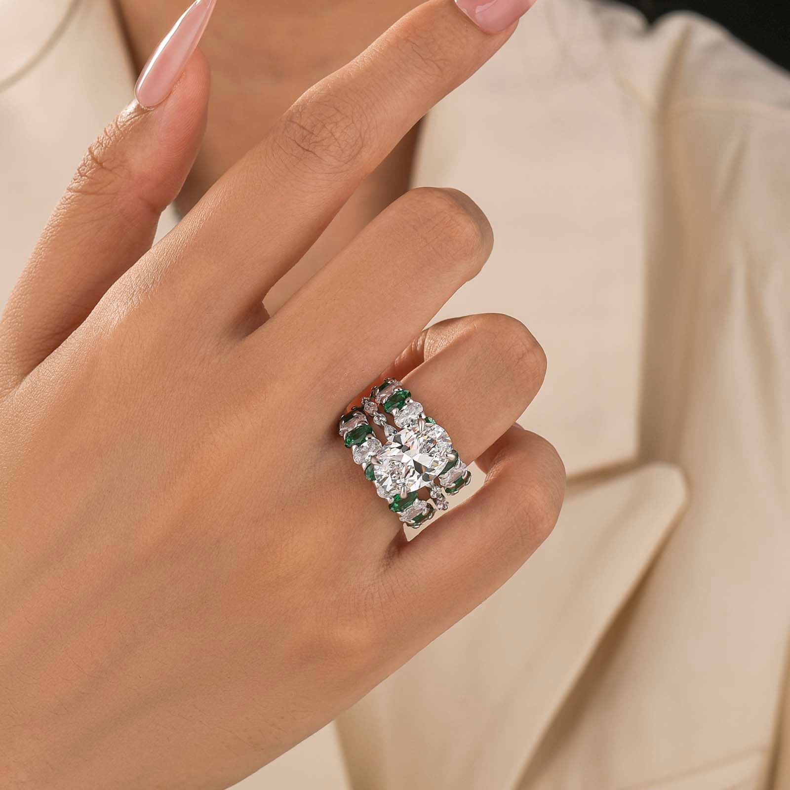 S925 3PC 4.5Ct Oval Cut Emerald‑Tone Alternating Stone Stackable Travel Ring Sets for Women