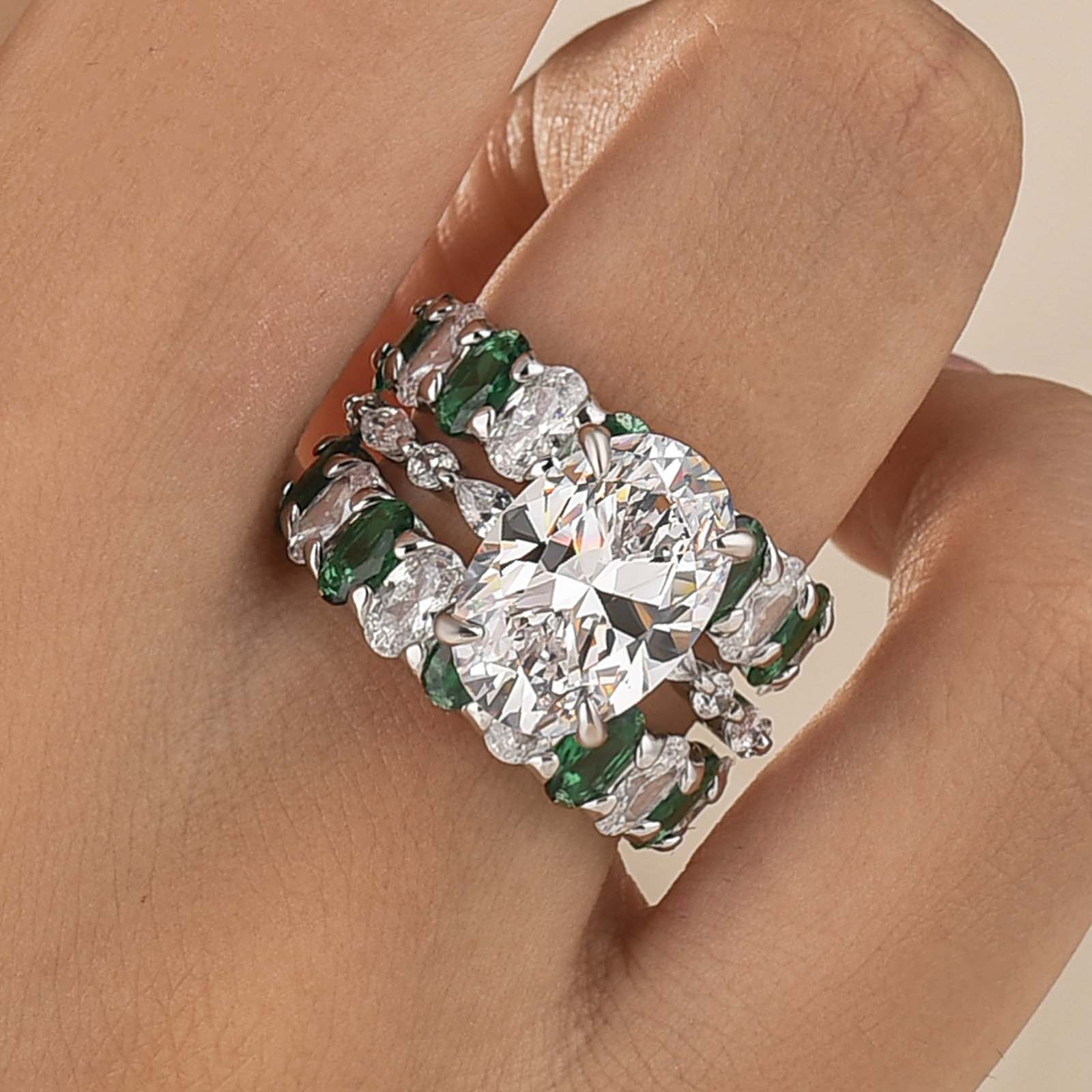 S925 3PC 4.5Ct Oval Cut Emerald‑Tone Alternating Stone Stackable Travel Ring Sets for Women