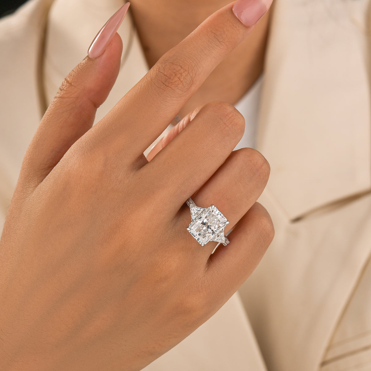 S925 5.0 Carat Radiant Cut Three Stone Engagement Ring With Hidden Halo For Everyday Wear