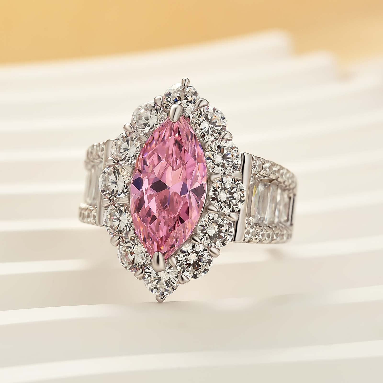 Vintage 3.0Ct Pink Marquise Cut Halo Engagement Ring In Sterling Silver