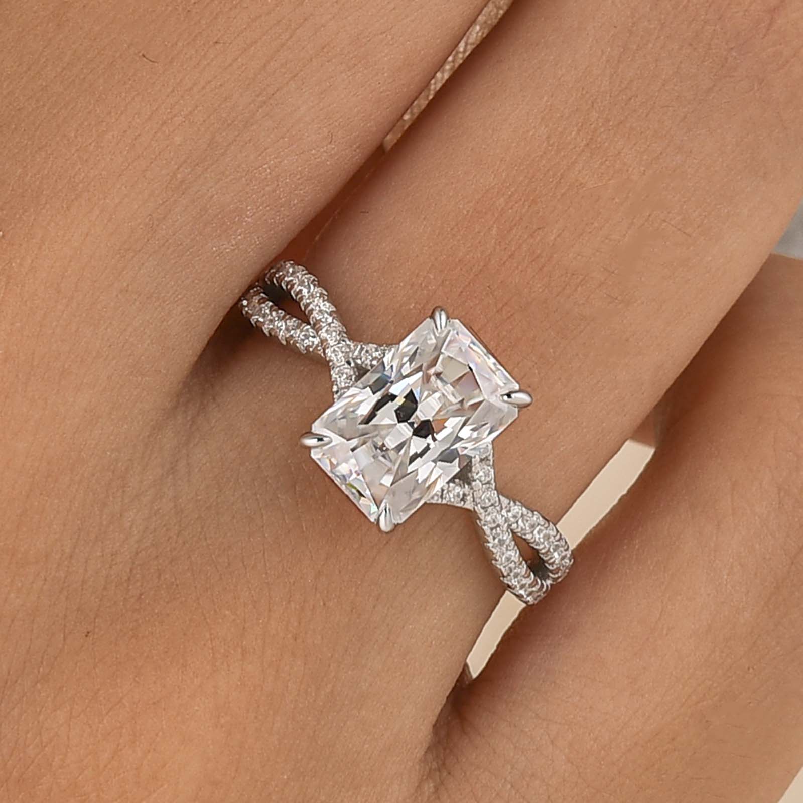 Moissanite 2.5Ct Radiant Cut Twist Hidden Halo Self‑Gift Ring In Sterling Silver