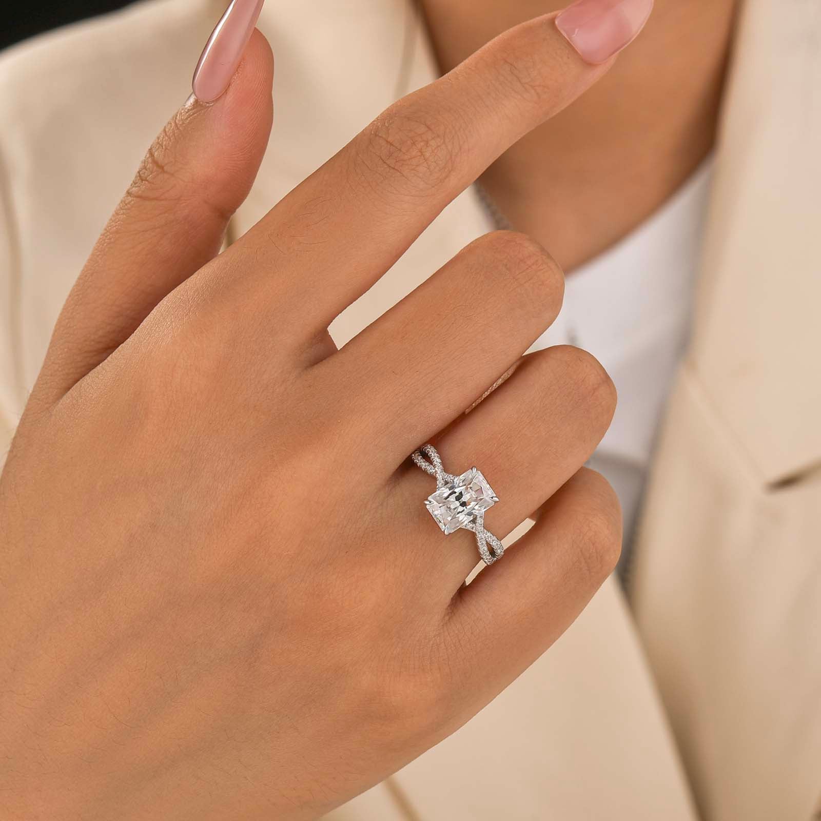 Moissanite 2.5Ct Radiant Cut Twist Hidden Halo Self‑Gift Ring In Sterling Silver