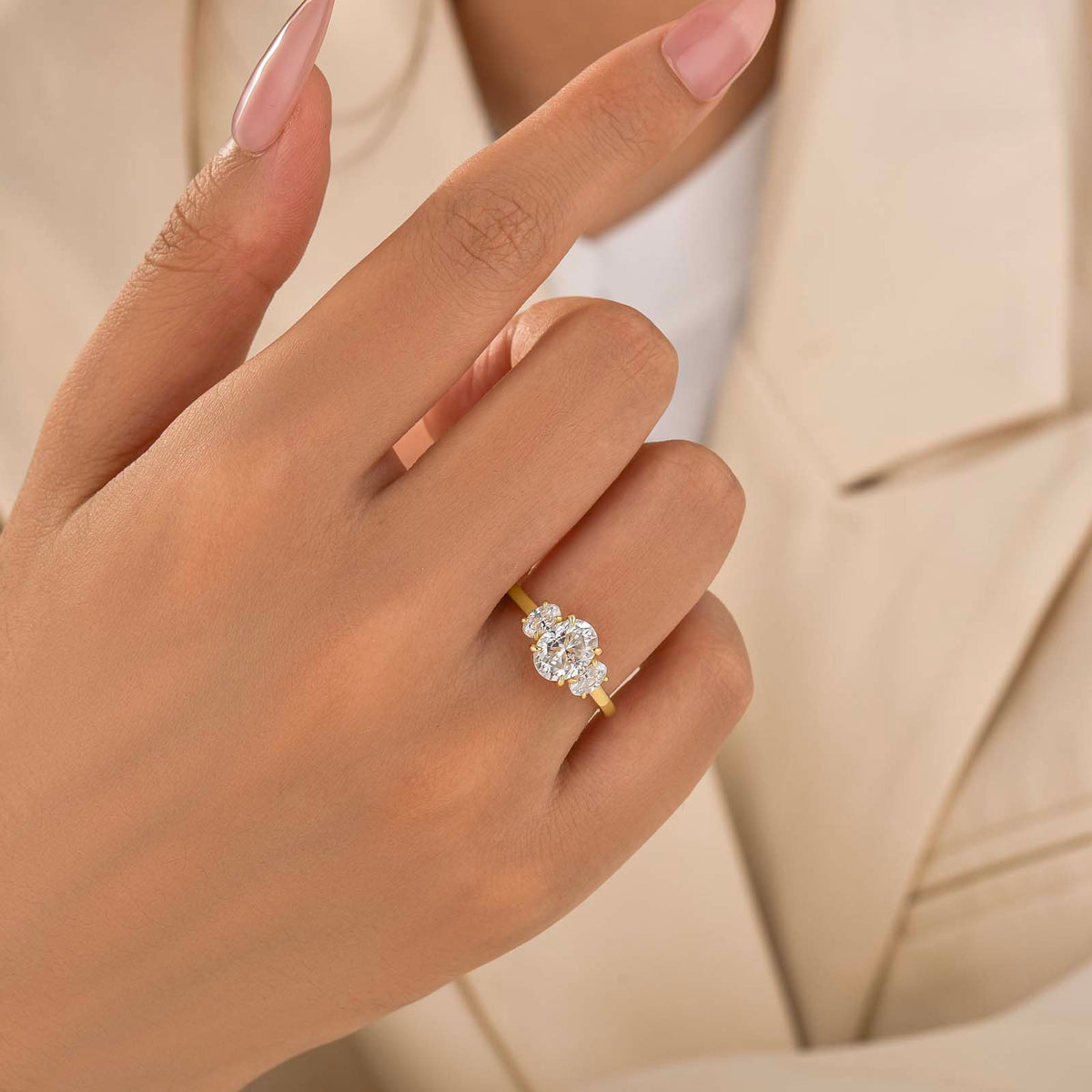 Moissanite 2.0Ct Three Stone Oval Cut Engagement Ring In Sterling Silver