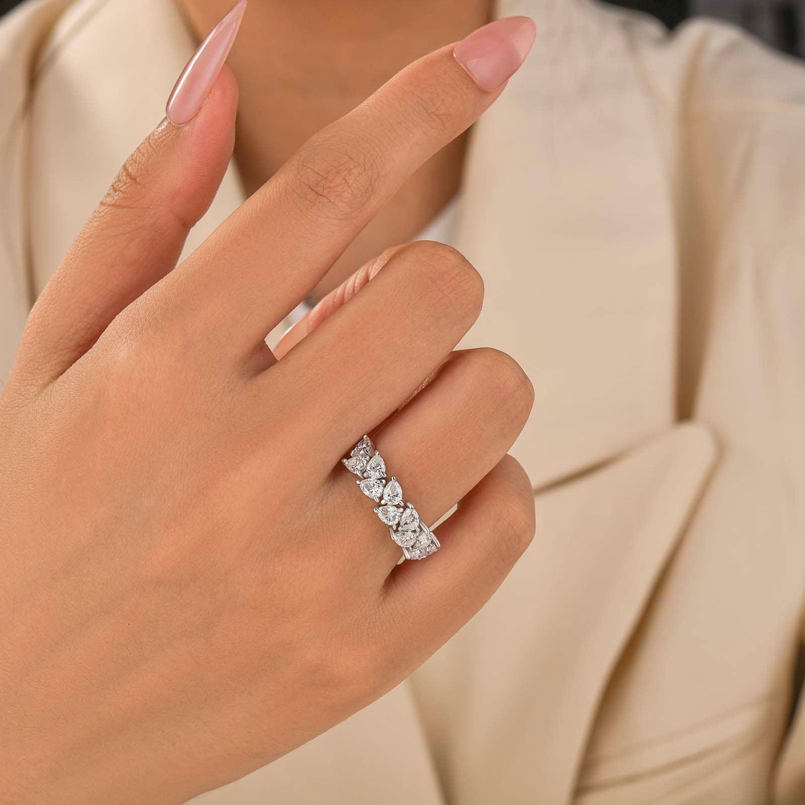 Moissanite Pear Cut 2.2Ct Half Eternity Band Stackable Teardrop Sparkle Ring For Women