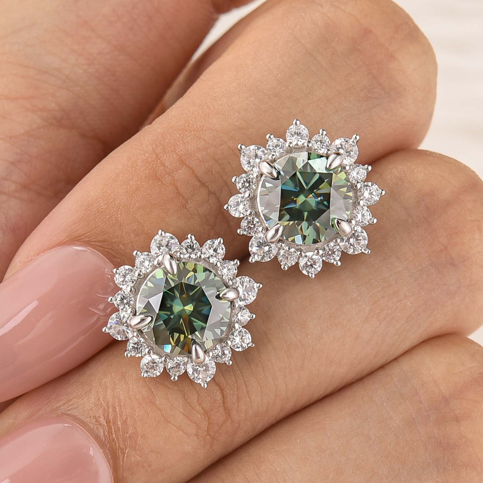 Moissanite 2.0Ct*2 Round Halo Green Nature-inspired Stud Earrings In Sterling Silver