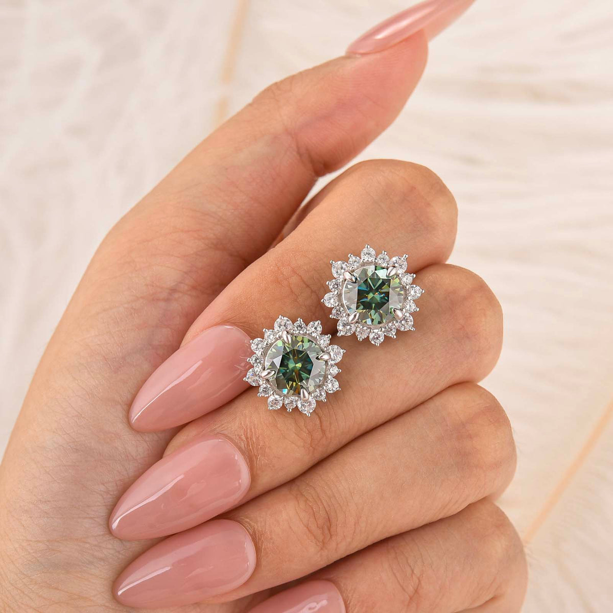 Moissanite 2.0Ct*2 Round Halo Green Nature-inspired Stud Earrings In Sterling Silver