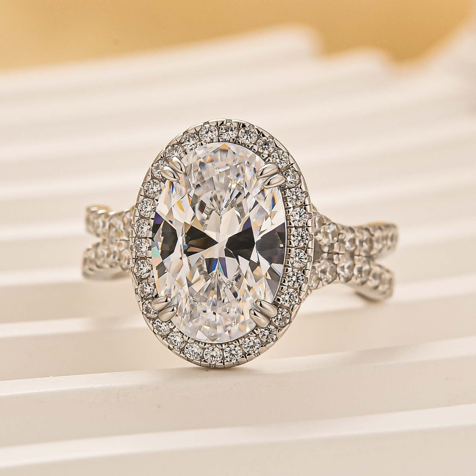 8Ct Oval Cut White Stone Split Shank Pavé Halo Engagement Rings