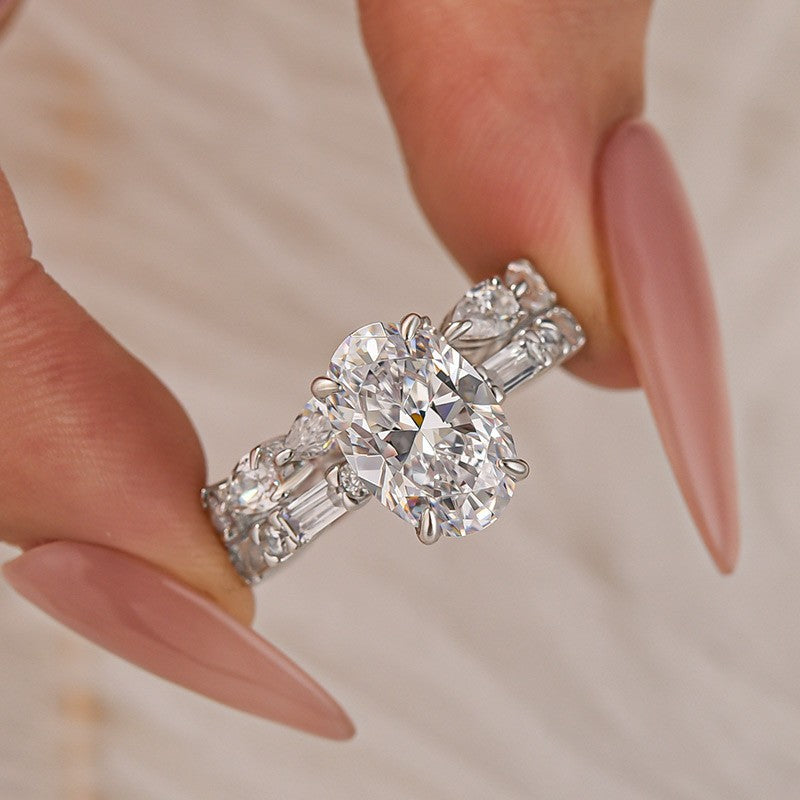 4.0Ct Oval Cut Travel Ring With Eternity Pear Cut Wedding Band