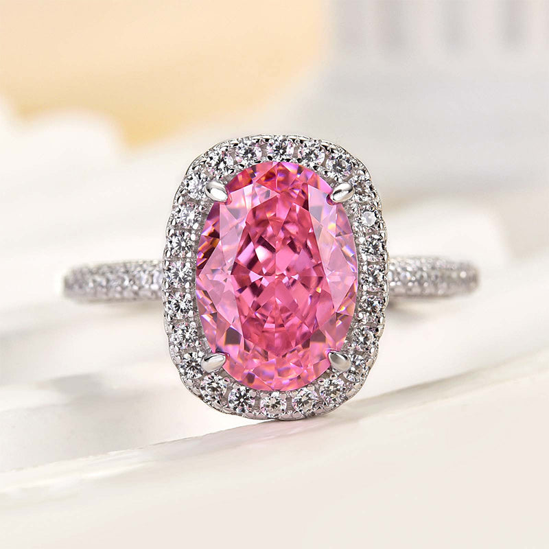 Louily Special Pink Stone Halo Oval Cut Engagement Ring - louilyjewelry