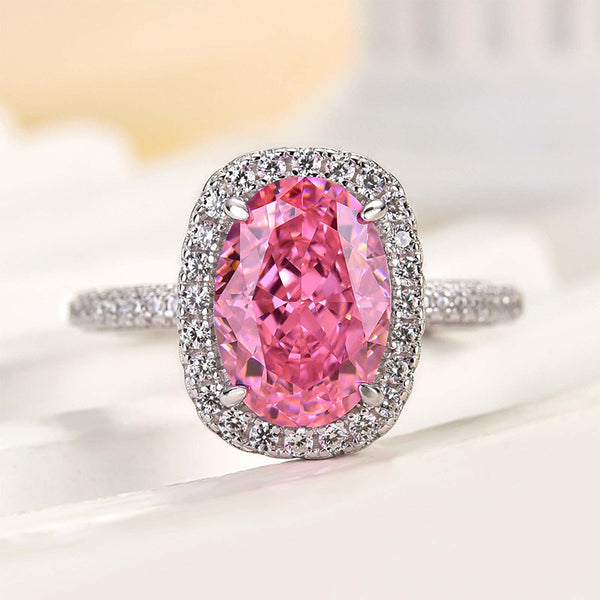 Louily Special Pink Stone Halo Oval Cut Engagement Ring