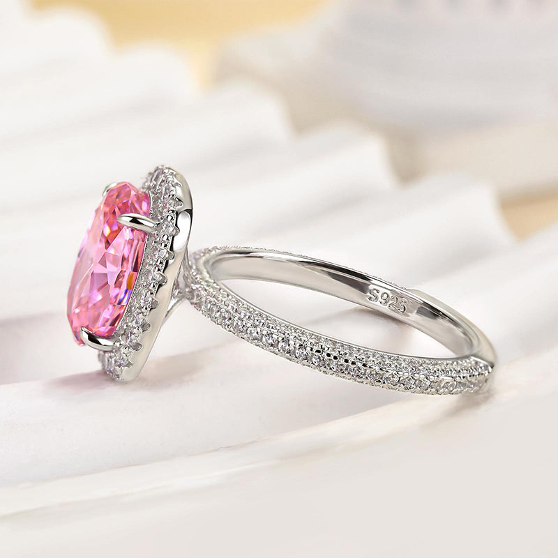 Louily Special Pink Stone Halo Oval Cut Engagement Ring - louilyjewelry