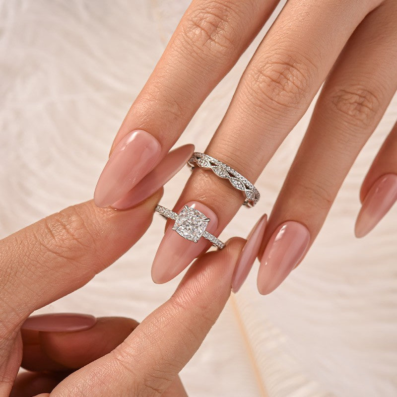 2.0 Carat Cushion Cut Women's Engagement Ring With Eternity Wedding Band