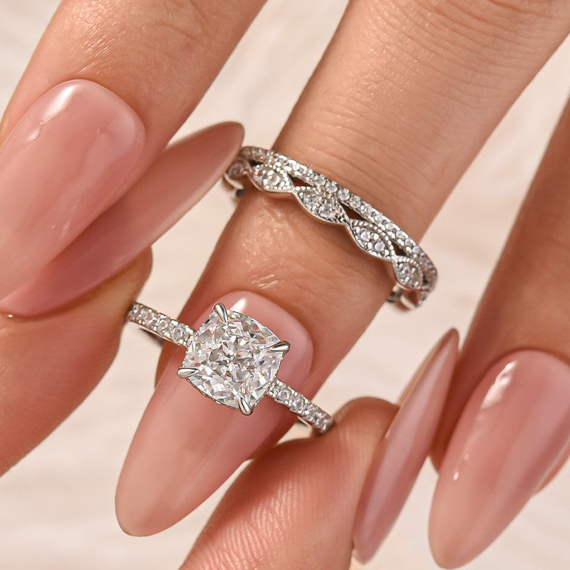 2.0 Carat Cushion Cut Women's Engagement Ring With Eternity Wedding Band