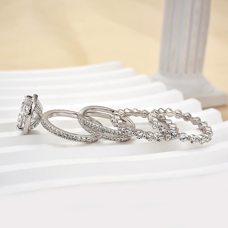 Louily 4PC Luxurious Halo Cushion Cut Women's Wedding Set - louilyjewelry