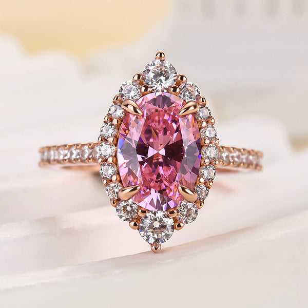 Louily Pink Stone Rose Gold Halo Oval Cut Engagement Ring