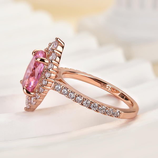 Louily Pink Stone Rose Gold Halo Oval Cut Engagement Ring