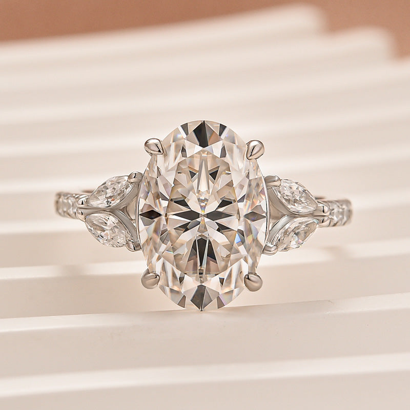 Louily Moissanite 4.0 Ct Oval and Angled Marquise Five Stone Engagement Ring