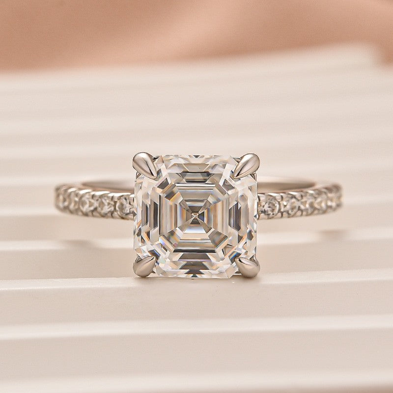 3.0Ct Asscher Cut White Gold Moissanite Diamond Engagement Ring