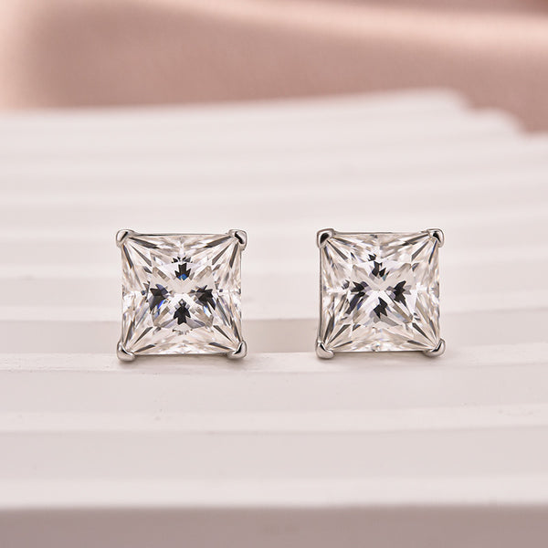 Louily Classic Moissanite Square Princess Cut Stud Earrings In Sterling Silver