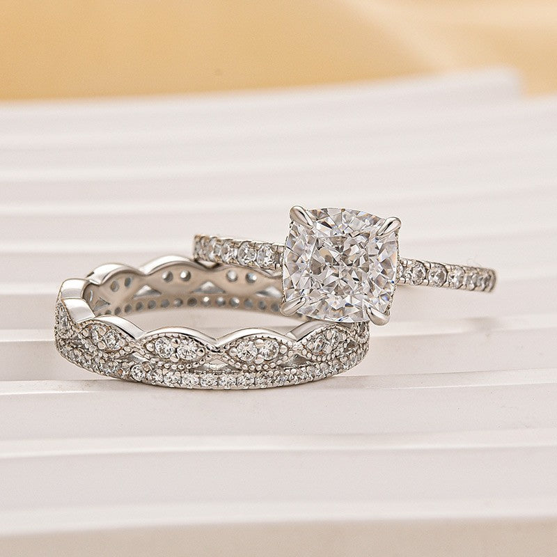 2.0 Carat Cushion Cut Women's Engagement Ring With Eternity Wedding Band