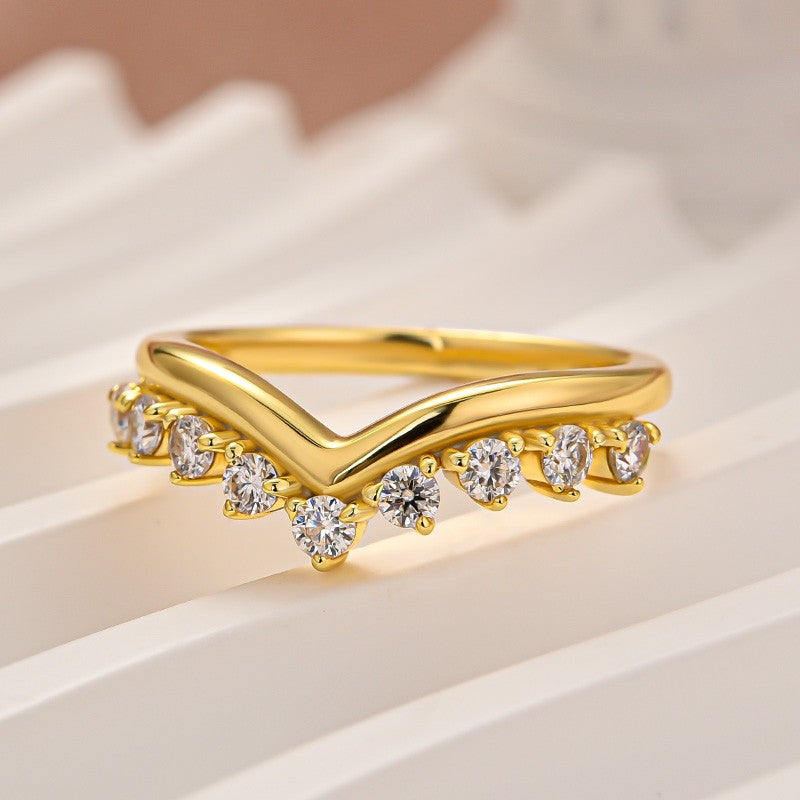 Graduated Yellow Gold Tiara Wedding Band With Round Moissanite Diamonds