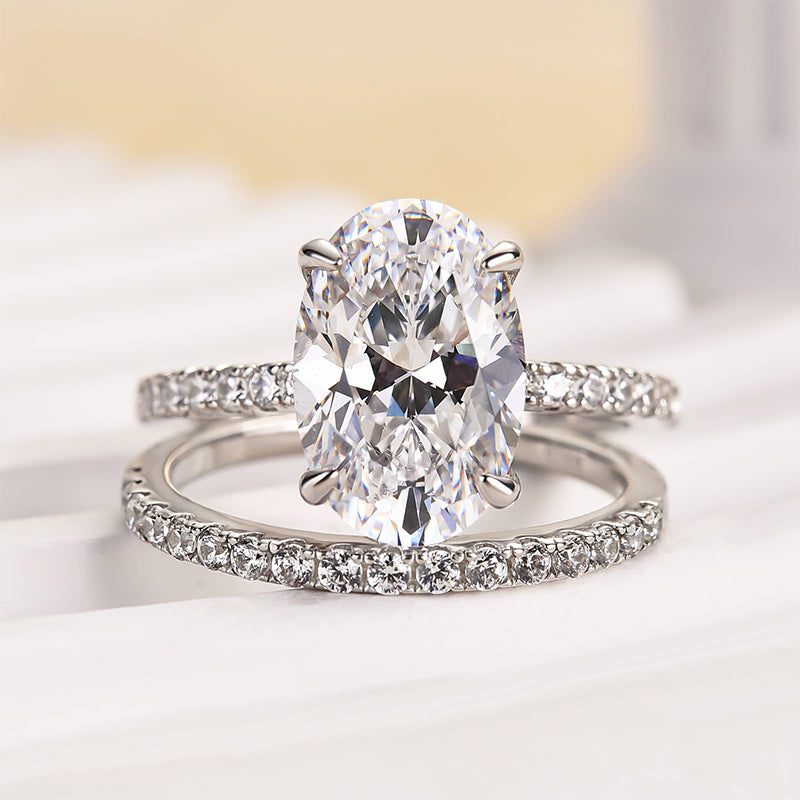 4.0 Carat Oval Cut Wedding Ring Set With Classic Half Wedding Band - louilyjewelry
