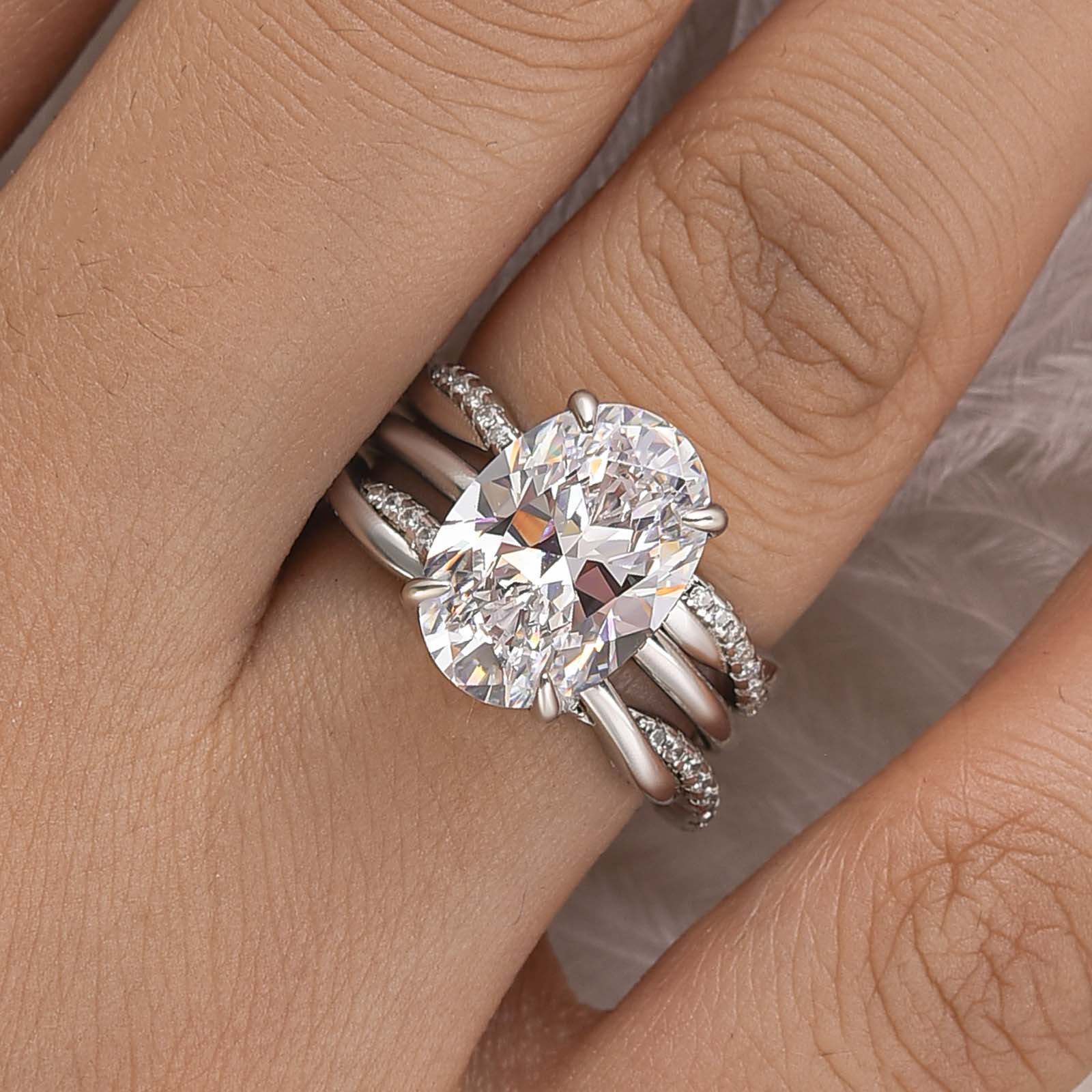 S925 3PC 5.5Ct Solitaire Oval Cut Ring & Twist Eternity Wedding Band Statement Ring Sets