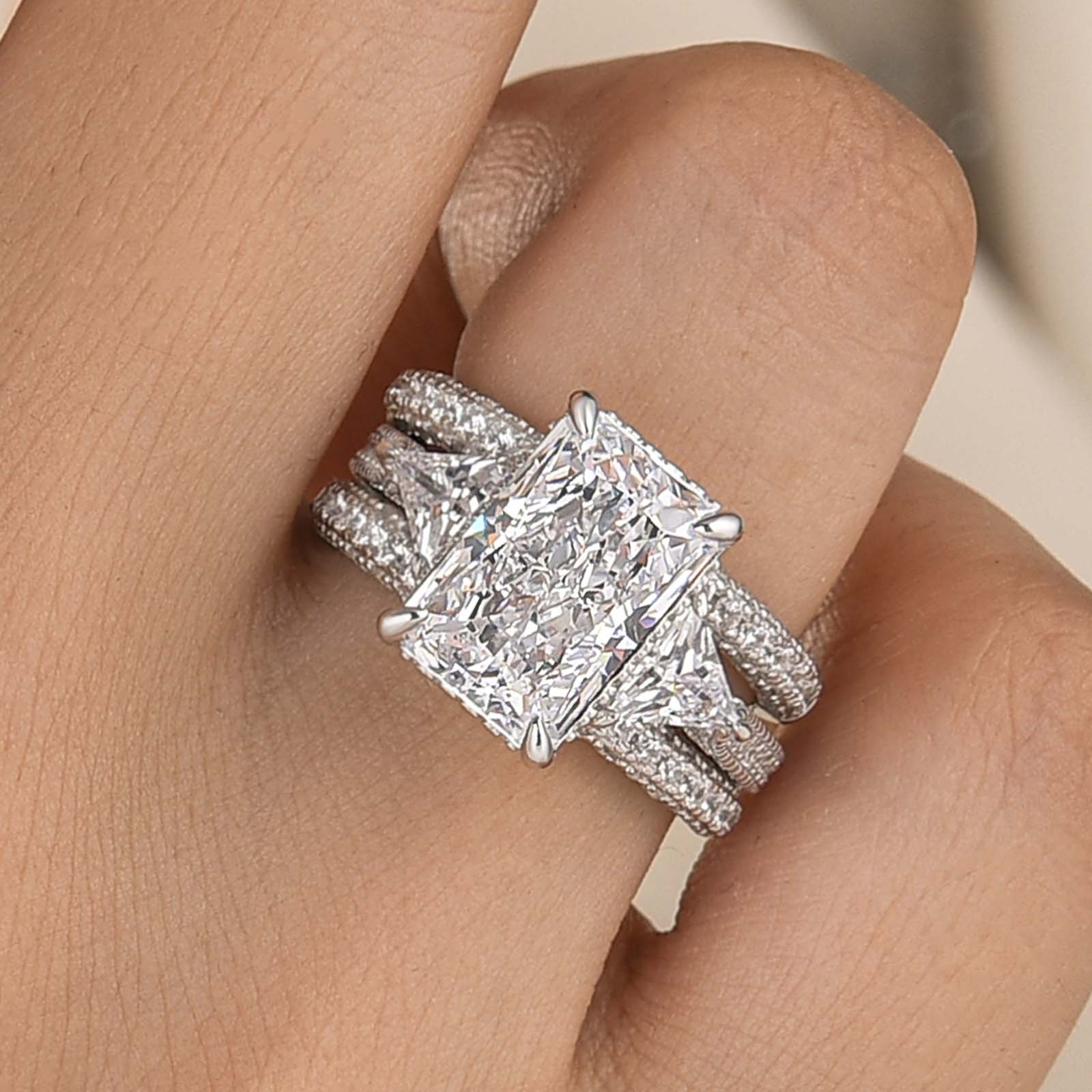S925 3PC Hidden Halo 5.0Ct Radiant Cut Three Stone Stackable Statement Ring Sets