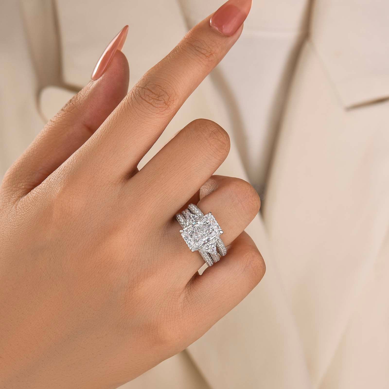 S925 3PC Hidden Halo 5.0Ct Radiant Cut Three Stone Stackable Statement Ring Sets