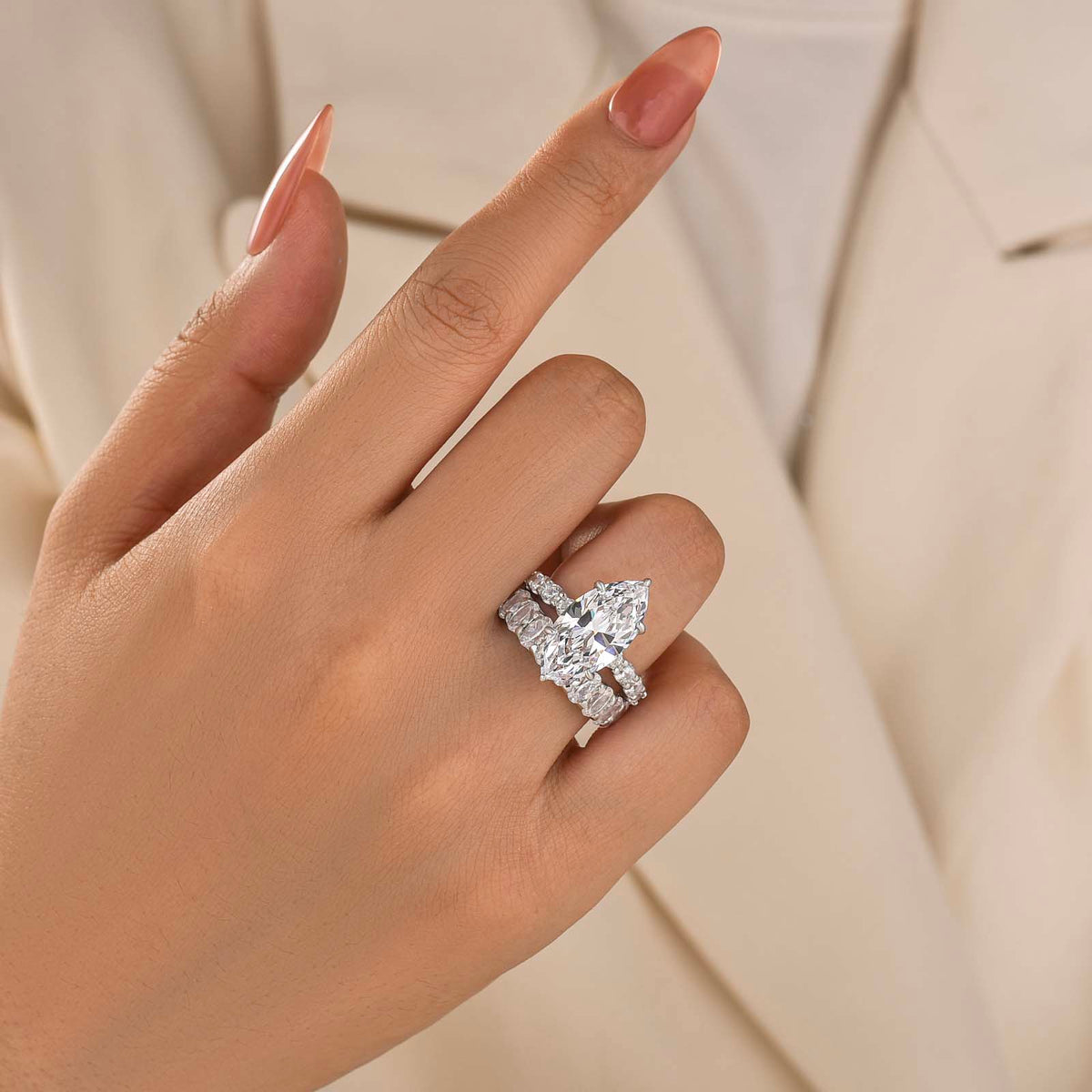 S925 2PC Hidden Halo 6.0Ct Marquise Cut Ring & 3.0Ct Half Eternity Band Stackable Statement Ring Sets