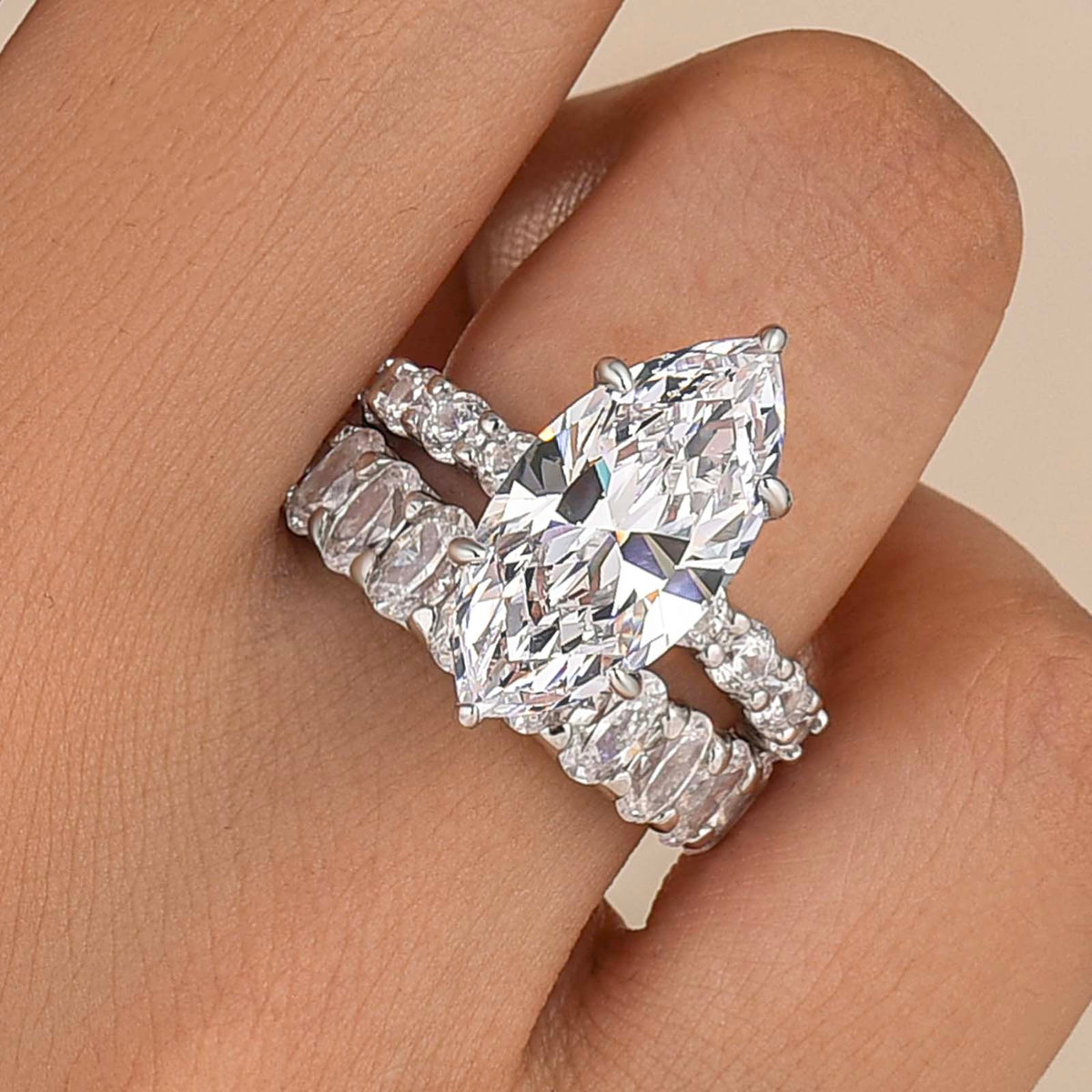 S925 2PC Hidden Halo 6.0Ct Marquise Cut Ring & 3.0Ct Half Eternity Band Stackable Statement Ring Sets