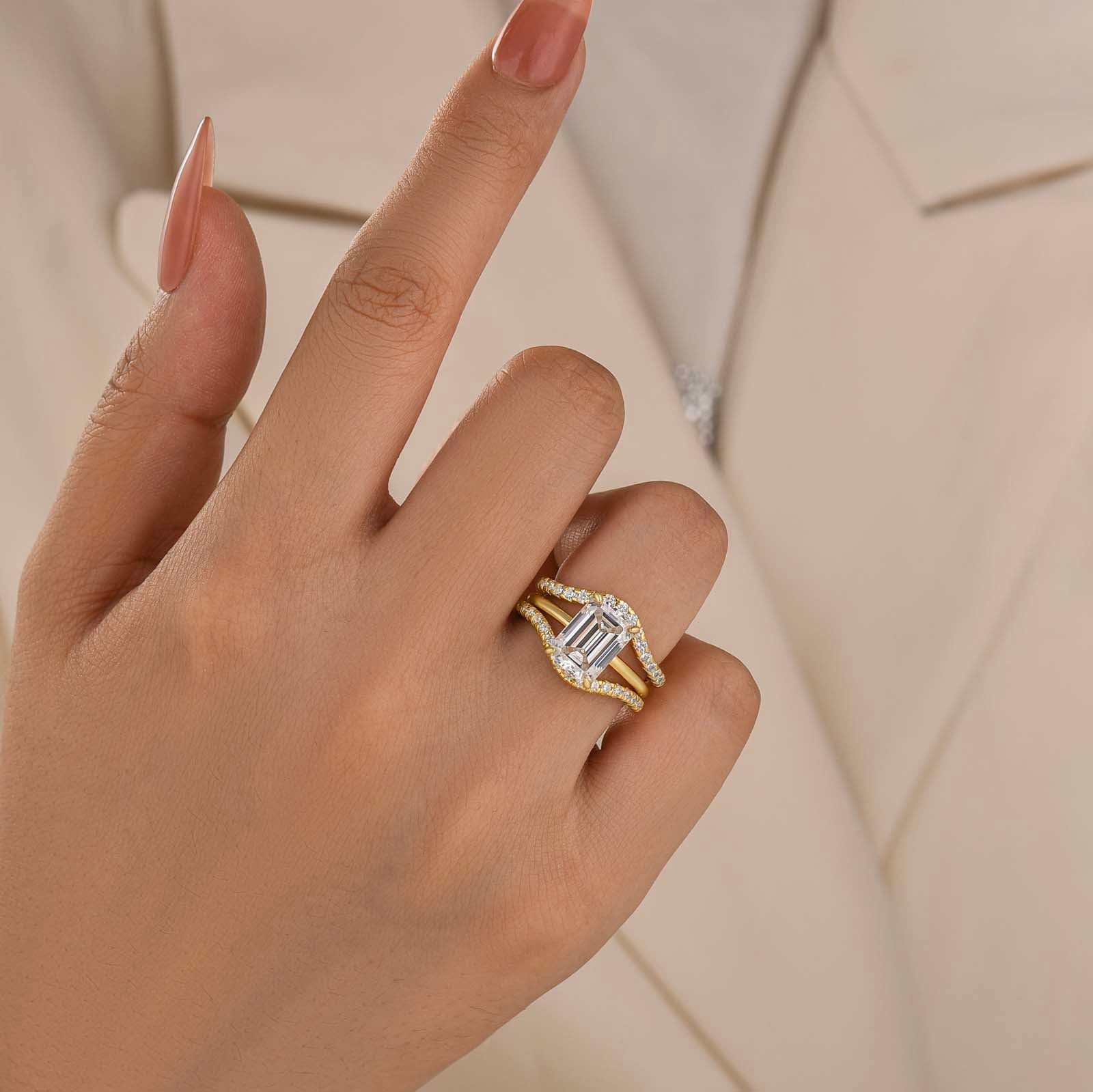 S925 3PC Solitaire 4.5Ct Emerald Cut Unique Curve Stackable Ring Sets For Women