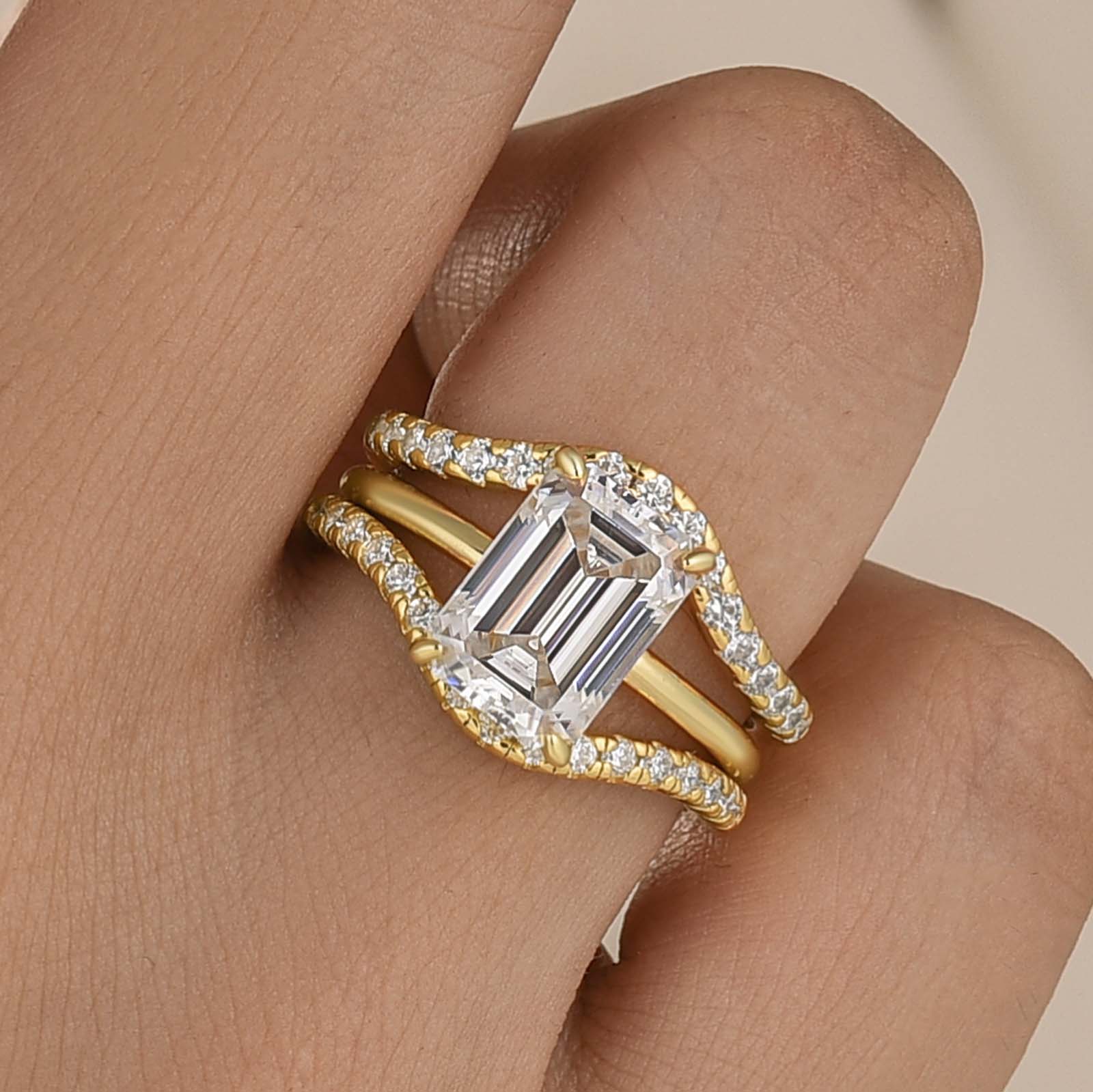 S925 3PC Solitaire 4.5Ct Emerald Cut Unique Curve Stackable Ring Sets For Women
