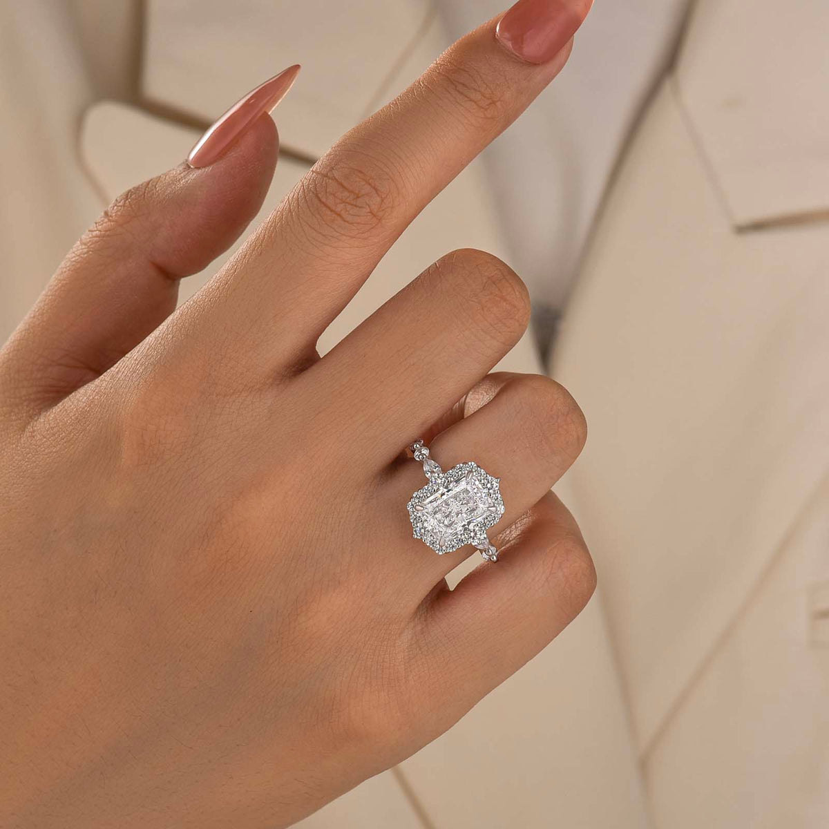 3.5Ct Radiant Cut Side Stone Vintage Halo Engagement Ring In Sterling Silver